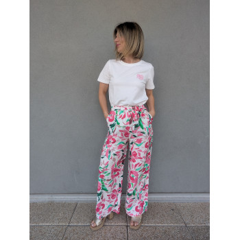 Pantalon Fluide Fleuri Rose.